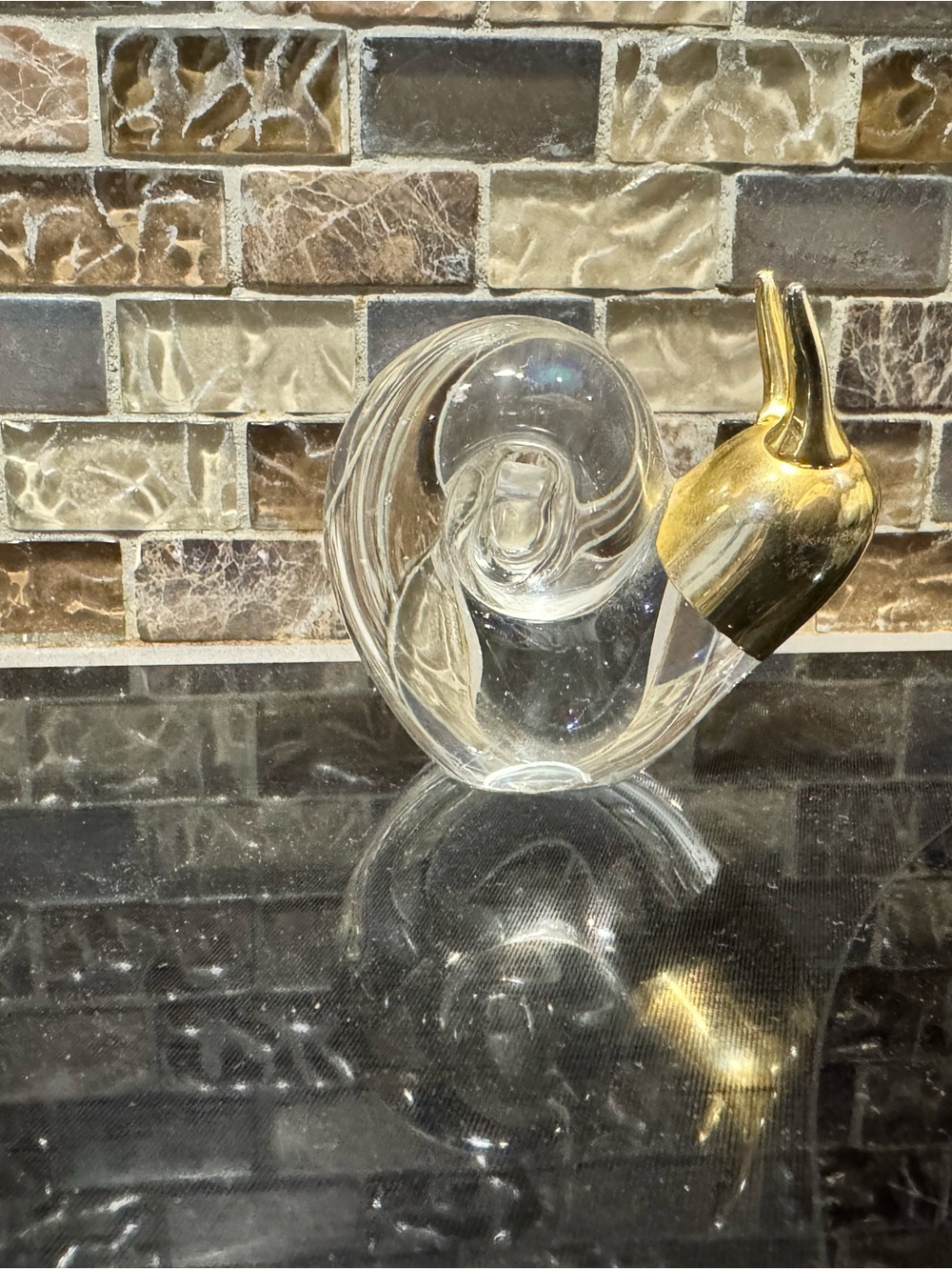 Vintage Clear Swirl Glass Snail Paperweight with Gold Accent